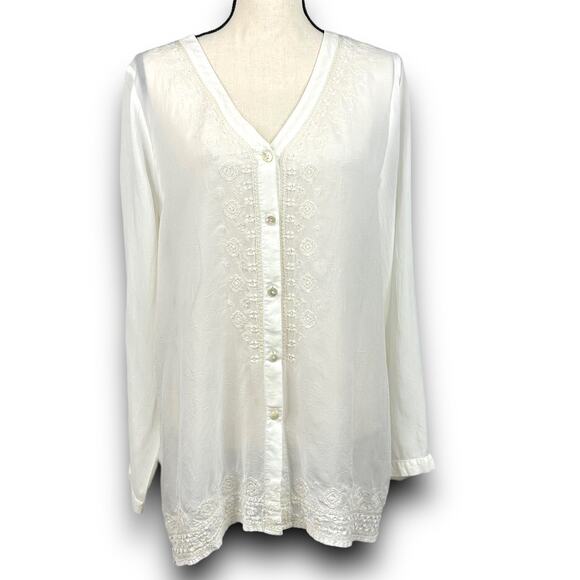 J Jill Cream Vneck Button Front Blouse Top Semi Sheer Embroidered Trim Medium - Picture 1 of 7